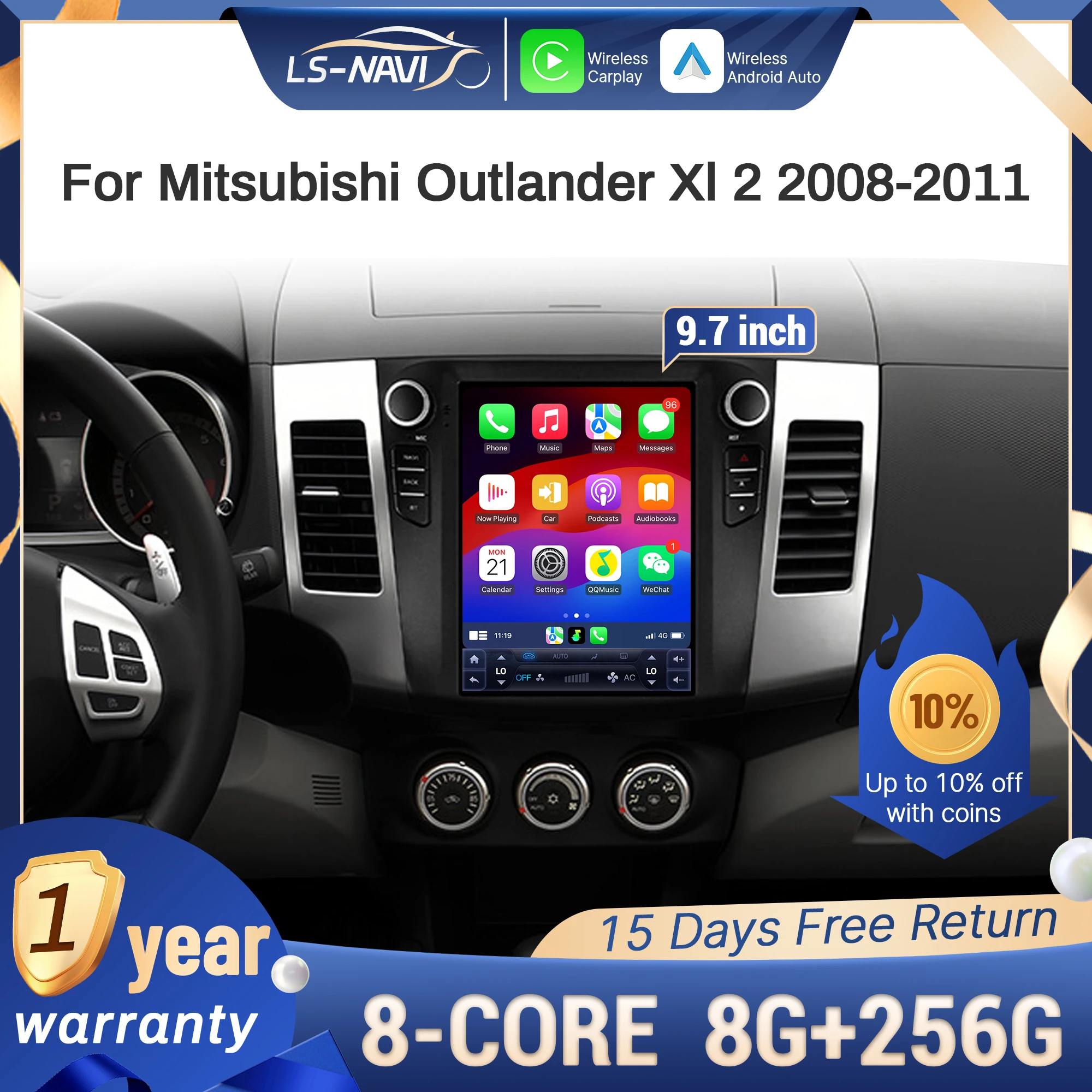 

9,7-дюймовый автомобильный радиоприемник Android 14, для Mitsubishi Outlander Xl 2 2008-2011, беспроводной Bluetooth Carplay, мультимедийный головное устройство, сенсорный экран