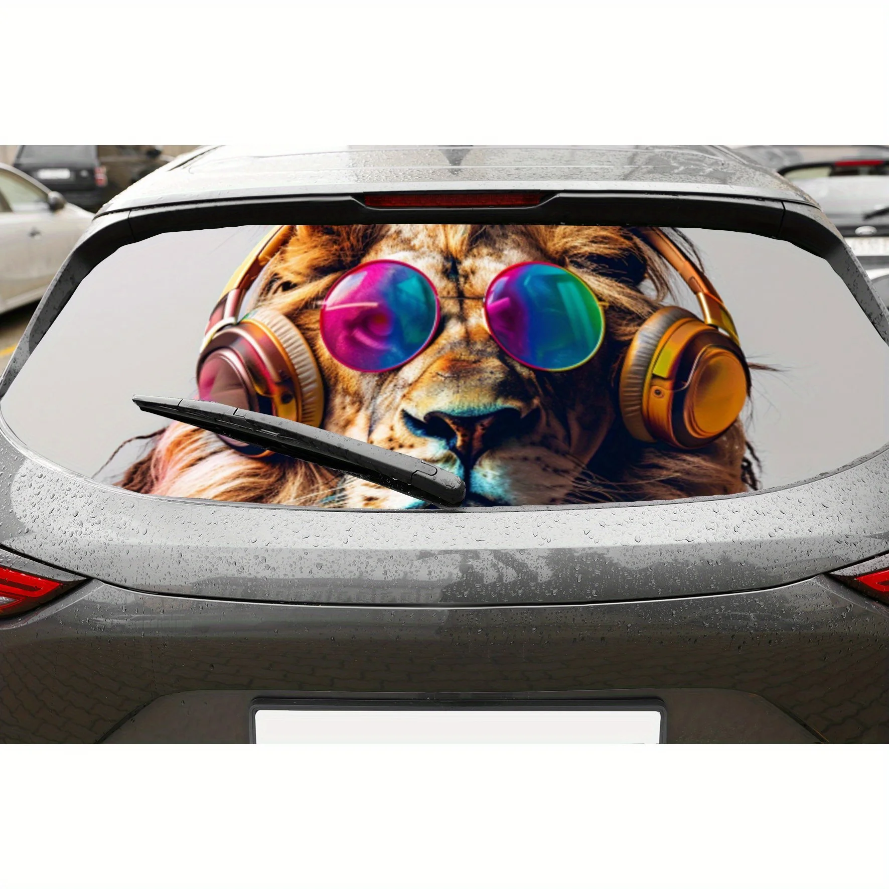 Funky Lion with Headphones PVC Perforated Car Vinyl Wraps, Privacy Enhancing Design for Rear Window, Car Rear Windshield Sticker