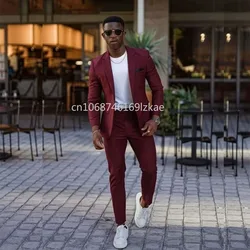 Fashion Blazer Burgundy 2 Piece Jacket Pants Slim Fit Notched Lapel Single Breasted Foraml Wedding Groomsmen Men's Suit