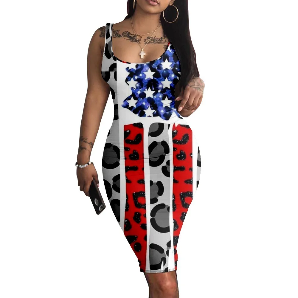 Summer Sleeveless Flag Print Dress Women Streetwear Fashion A-line Slim Dresses 2024 Beach Dress Party Club Robe Vestido Elegant