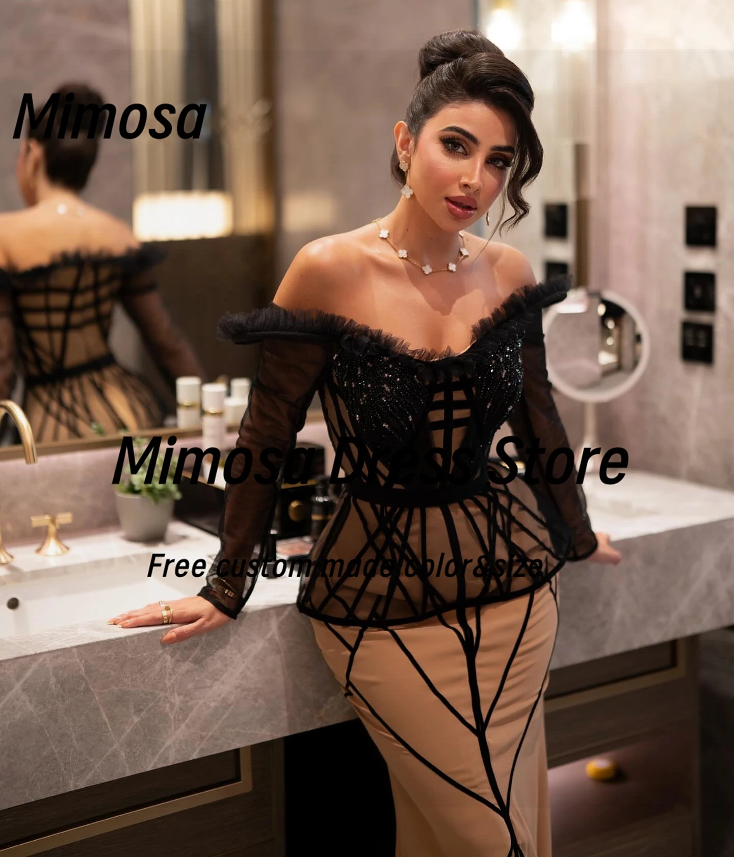 ميموزا فساتين لحضور الحفلات الموسيقية بألوان متباينة مكشكشة مطرز بأكمام طويلة فساتين سهرة بفتحة أمامية مناسبة مخصصة للحفلات