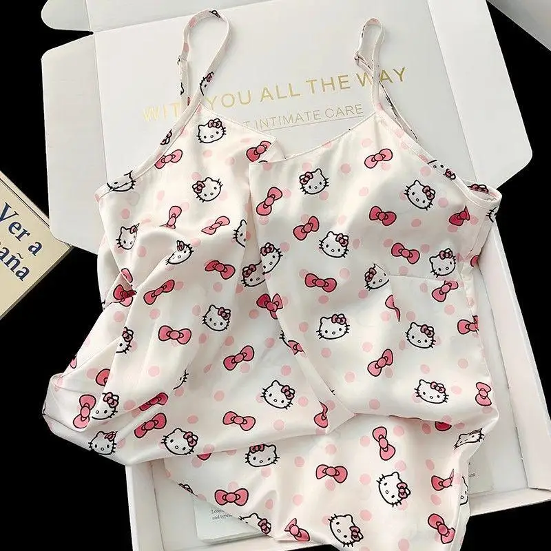 

Sanrio женская летняя пижама на бретельках Hello Kitty, ночная юбка на бретельках, ночная юбка без рукавов, домашняя одежда из ледяного шелка с мультяшным принтом