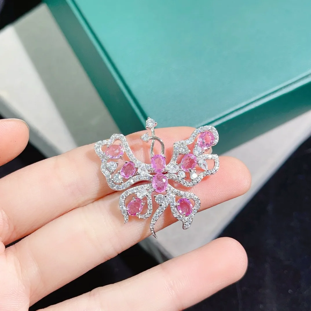 

Брошь-бабочка из серебра 925 пробы с натуральным розовым сапфиром, прочное крепление, элегантный ювелирный подарок для женщин