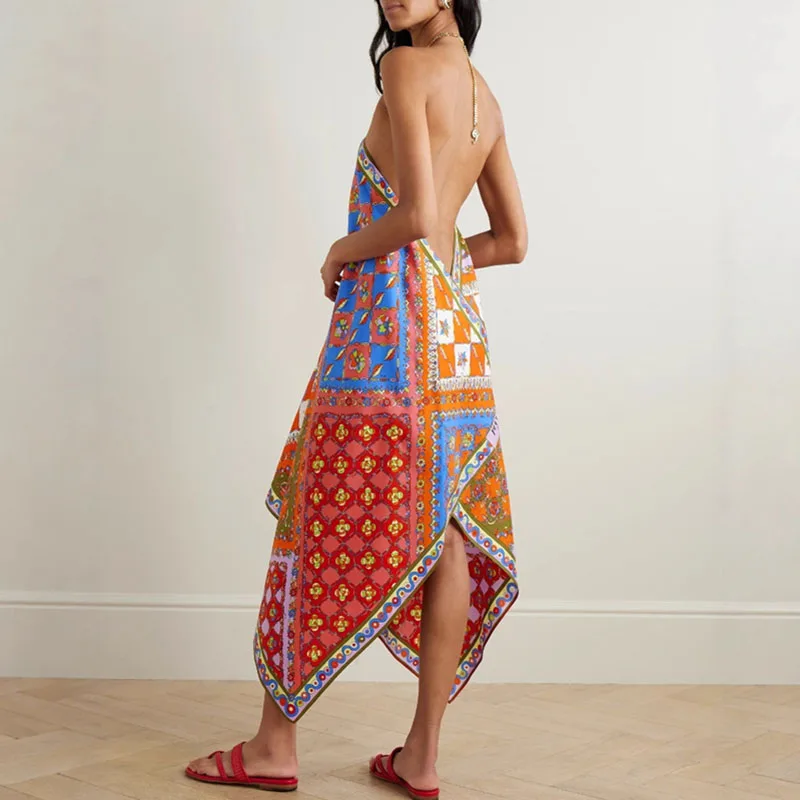 Ethnic Retro Print Irregular Long Dresses Spring Sexy Halter Backless Hollow Boho Dress New Summer Loose Satin Woman Party Dress