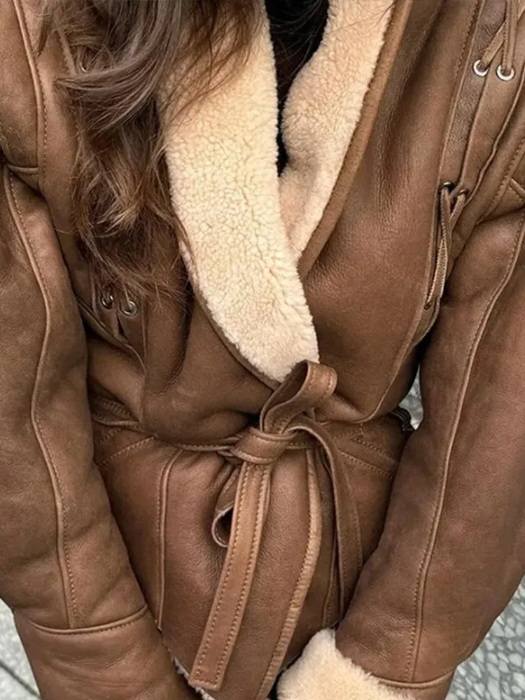 

Fashion Women Lace Up Leather Jacket Solid Lapel Long Sleeve Slim Belt Lamb Woolen Coat Lady Winter Daily High Street Outerwear
