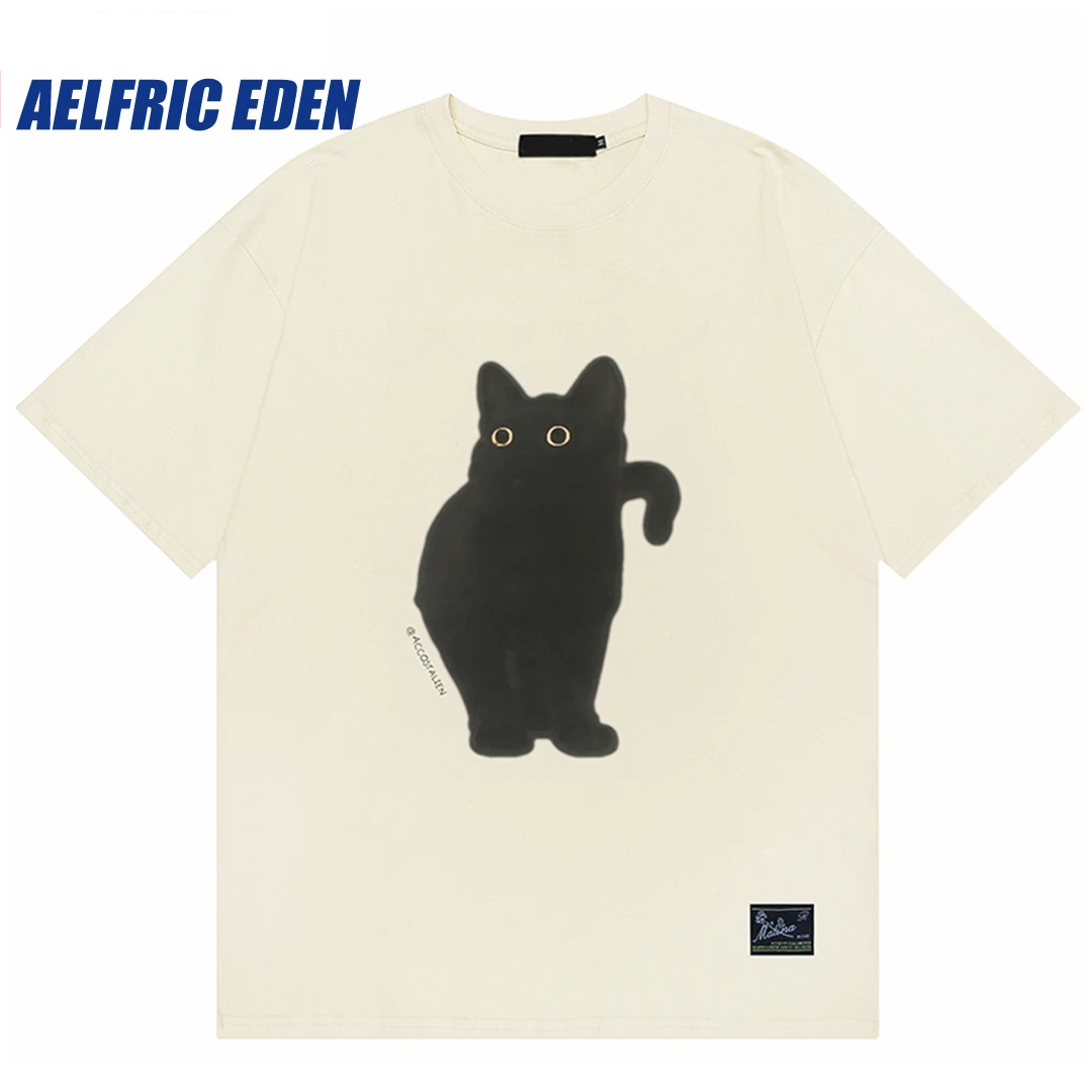 Streetwear Black Cat Graphic T Shirt Harajuku 2023 Vintage Men T-Shirt Hip Hop Tops Tee Cotton Casual Tshirt Hipster Beige White