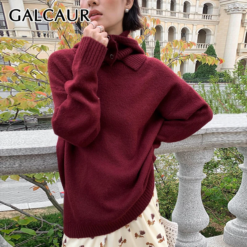 GALCAUR-ropa de punto Retro francesa Borgoña para mujer, bufanda empalmada con cuello, suéter minimalista holgado de manga larga, ropa de invierno para mujer