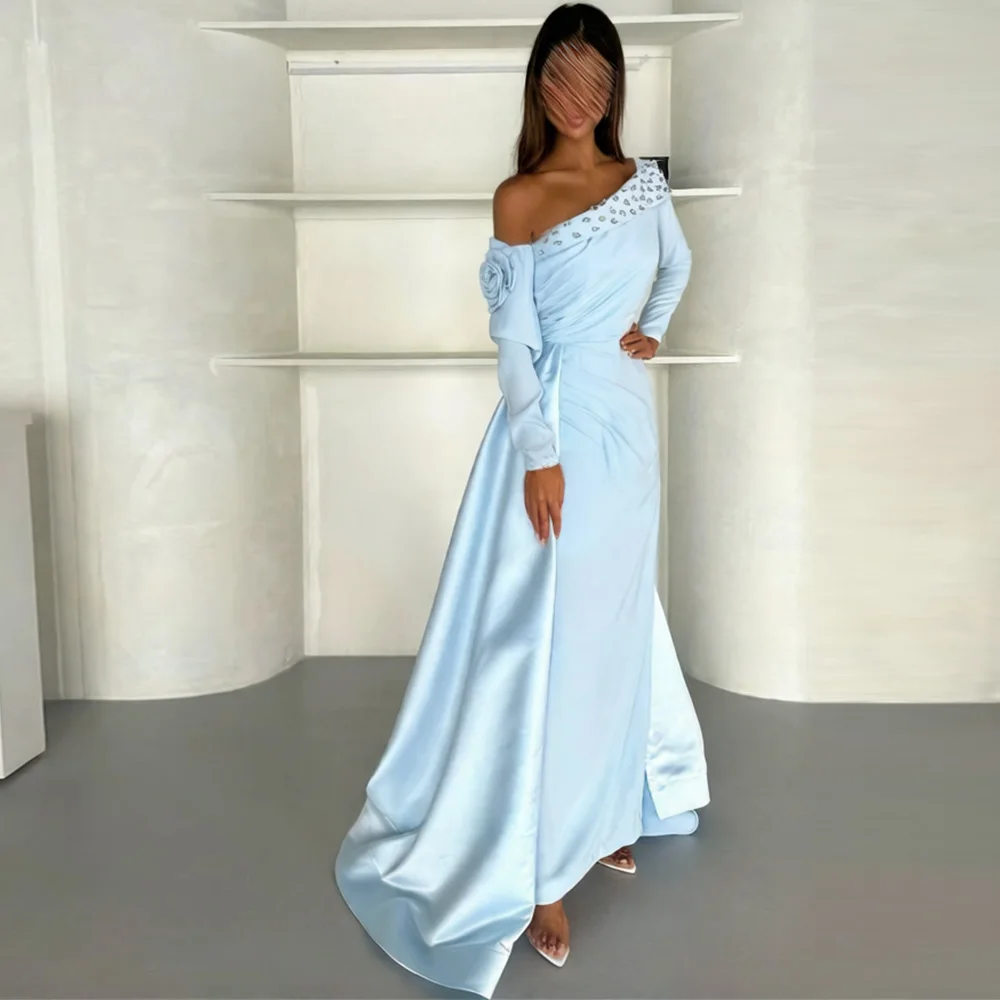 

Customized Off the Shoulder Long Sleeves Evening Dress Elegant Crystal Sweep Train Prom Dresses High Quality Flowers Party Dress