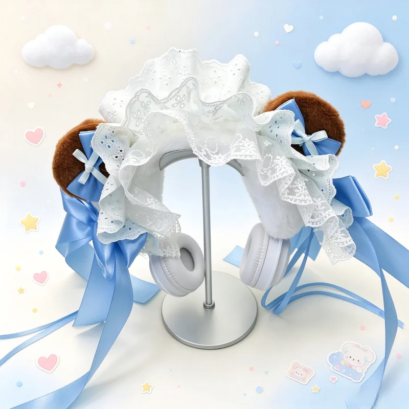 Cute Bear Ear Headphone Cover White Lace Blue Bow Ribbon Headband Cosplay Decorative Headset Sleeve For Over Ear Headphones