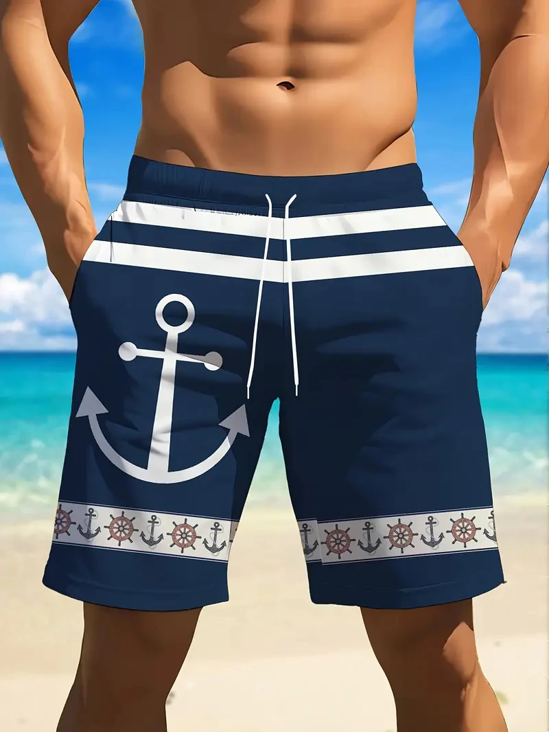 موضة جديدة مرساة نمط الشاطئ قصيرة للرجال الاتجاه الصيف ثلاثية الأبعاد مطبوعة السباحة جذوع فضفاضة الرباط الشارع الشهير Y2k سراويل قصيرة