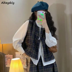 Vintage Plaid Vests for Women Preppy Style Kawaii Girlish Fashion Sleeveless Outerwear Young Aesthetic Double-breasted Clothing