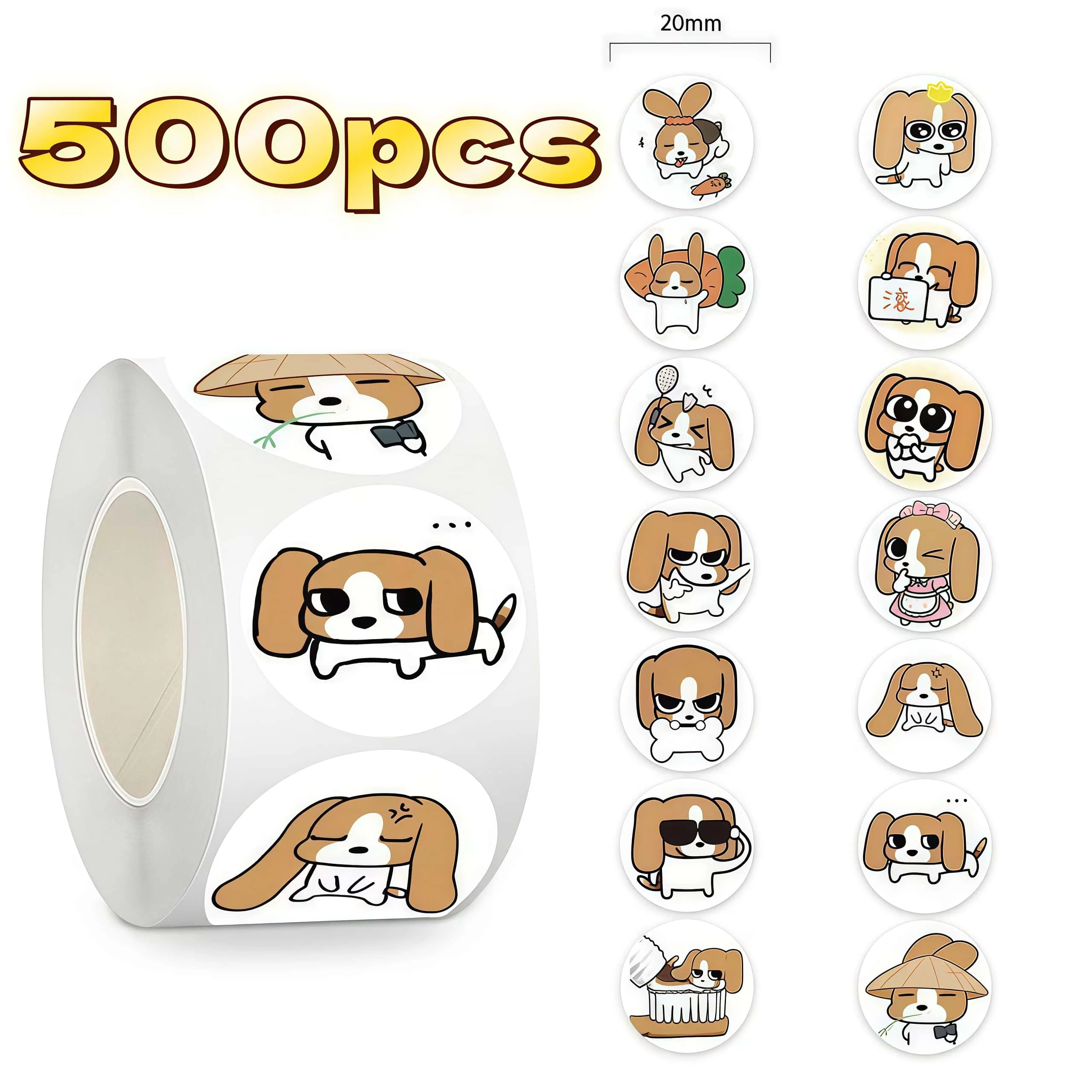 500Pcs Cute Beagle Puppy Round Sticker Roll, Funny Multi-Expression Dog Labels for Journal Packaging DIY Decor