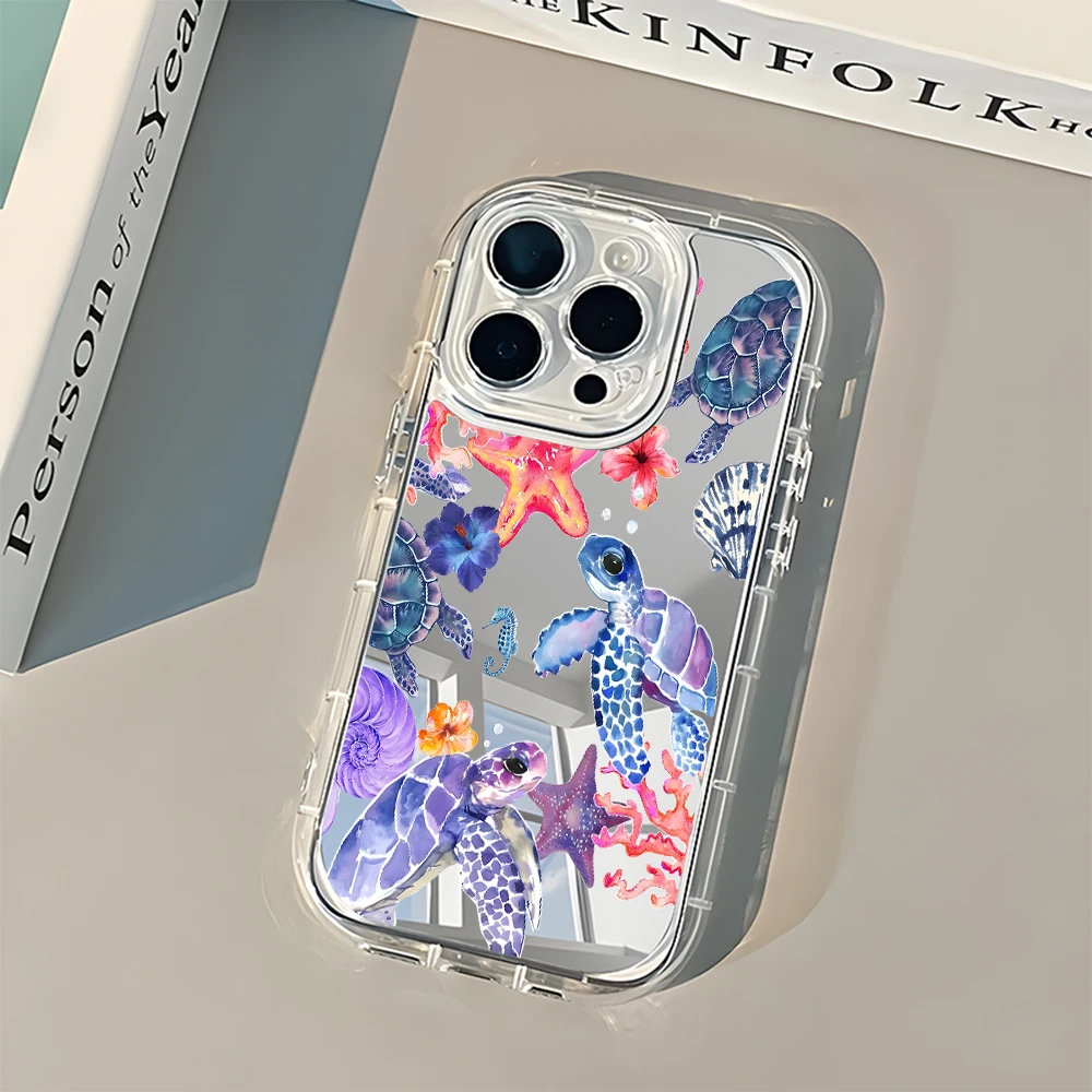 Sea Turtle and Ocean Life Back Mirror Phone Case for IPhone 11 12 13 14 15 16 17 Pro Max X XR XS 14 15 Plus Air Shockproof Cover