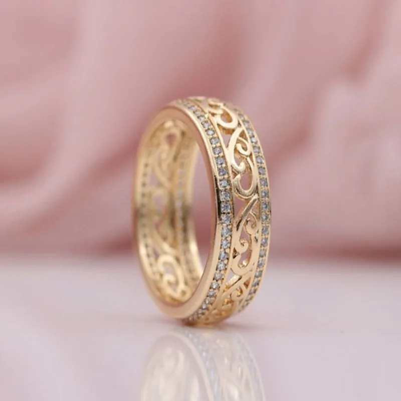 Vintage Openwork Golden Color Women's Ring Exquisite Fashion Jewelry Natural Zirconia Full Pave Setting Ring
