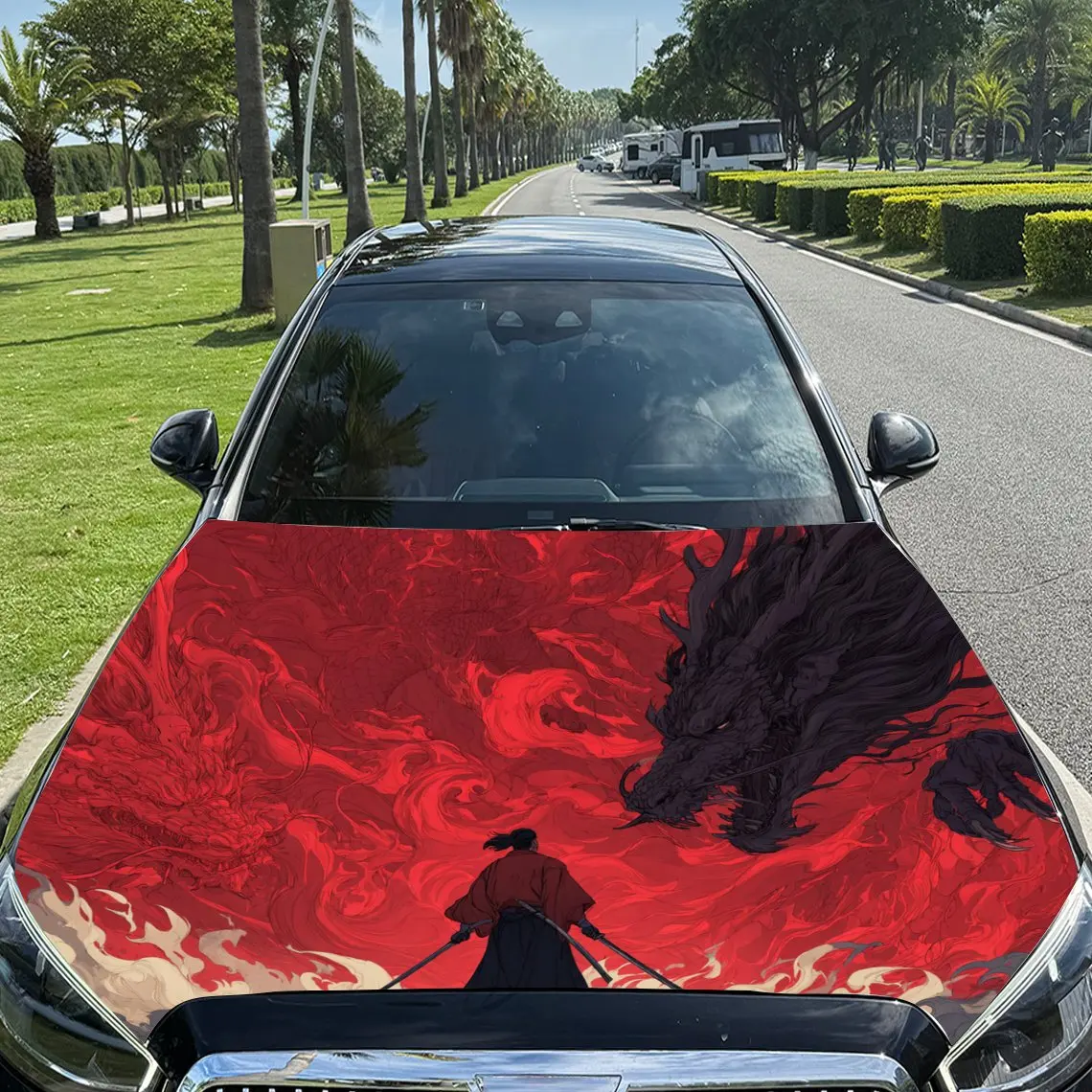 

Samurai And Wolf Car Hood Stickers-Durable PVC Tape Packaging,Car Aesthetic Design,Suitable For Most Vehicles,Engine Cover Prote