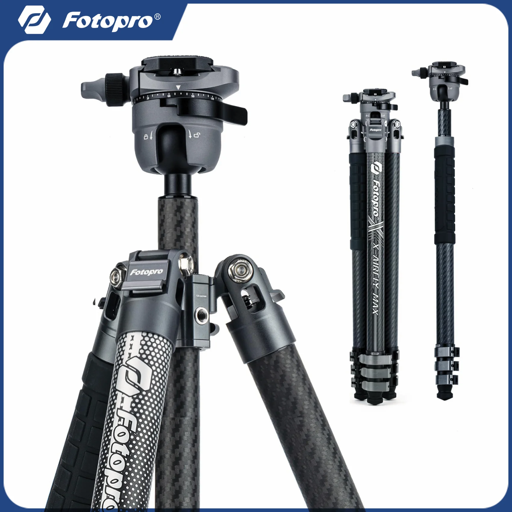 Fotopro 166CM Carbon Fiber Travel Tripod with Super Large Ball Head Flip Lock X-AIRFLY Max