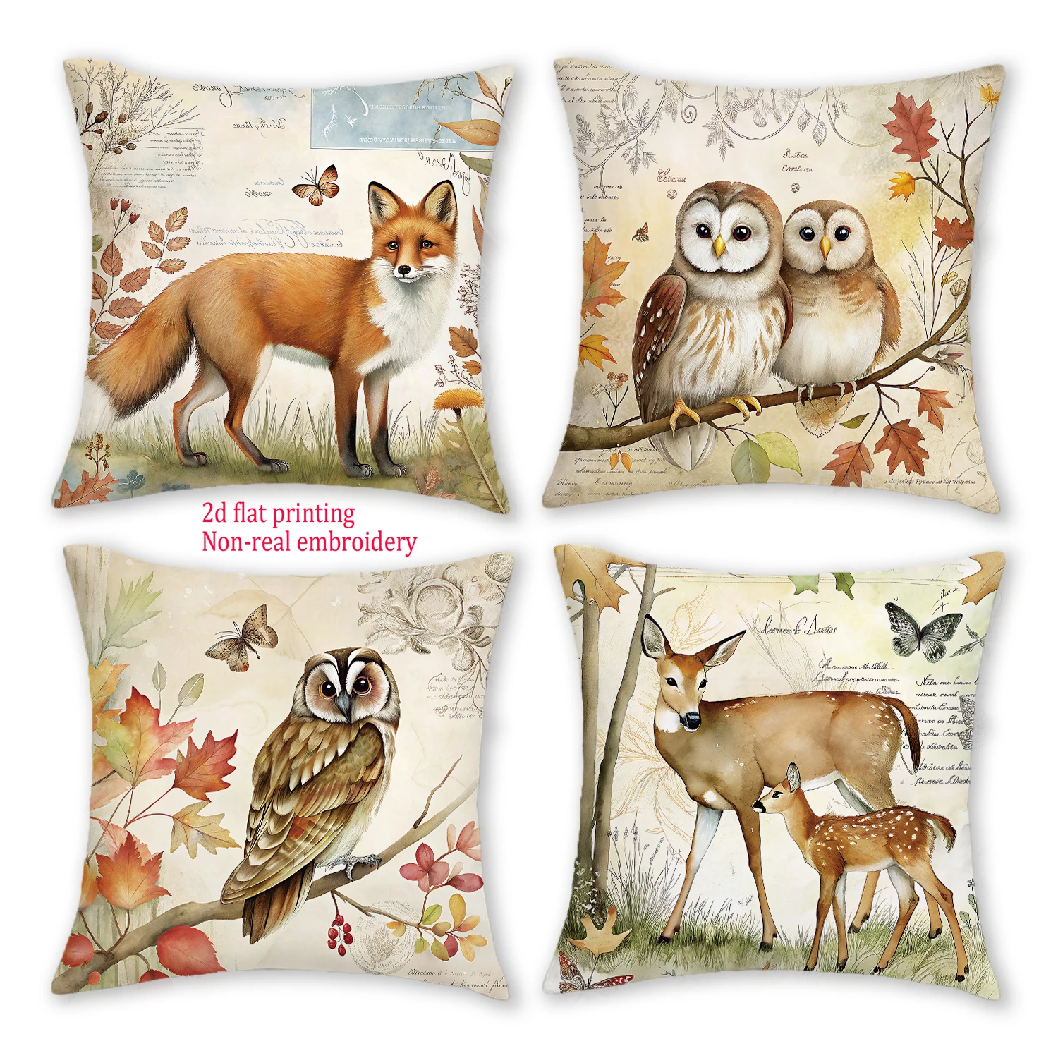 

4 шт. винтажные наволочки с лисой 18x18 дюймов, полиэстеровые наволочки на молнии с 2D плоской печатью, неалистичный дизайн лисыего оленя