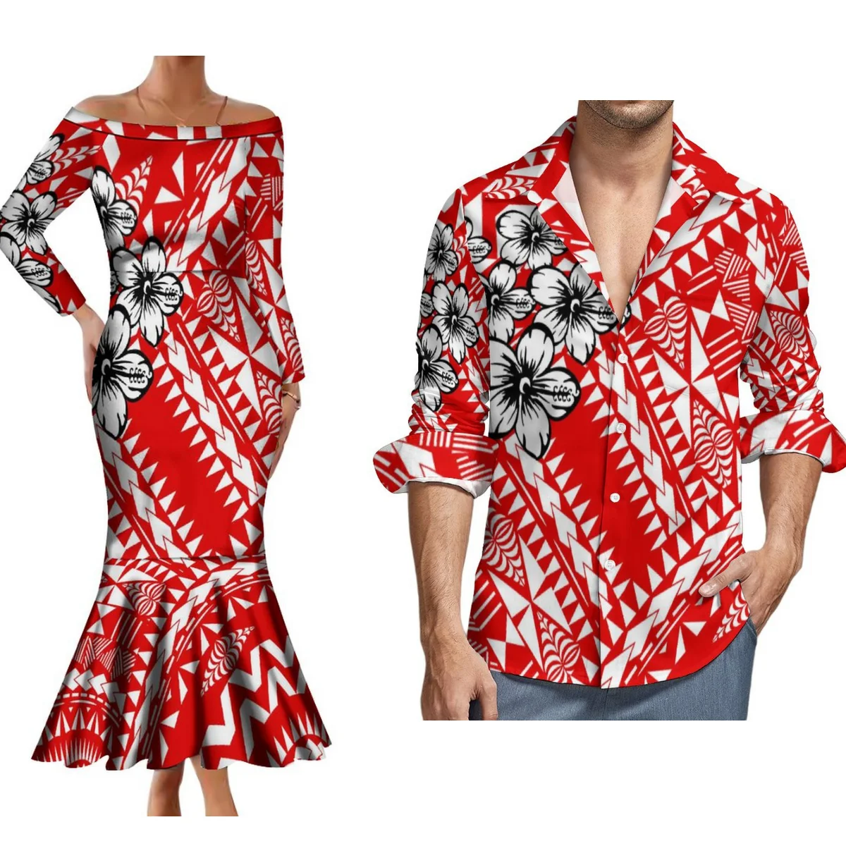 Island Style Couple Set Temperament Polynesian Dress For Women And Aloha Long-Sleeved Shirt For Men Pacific Island Art Print