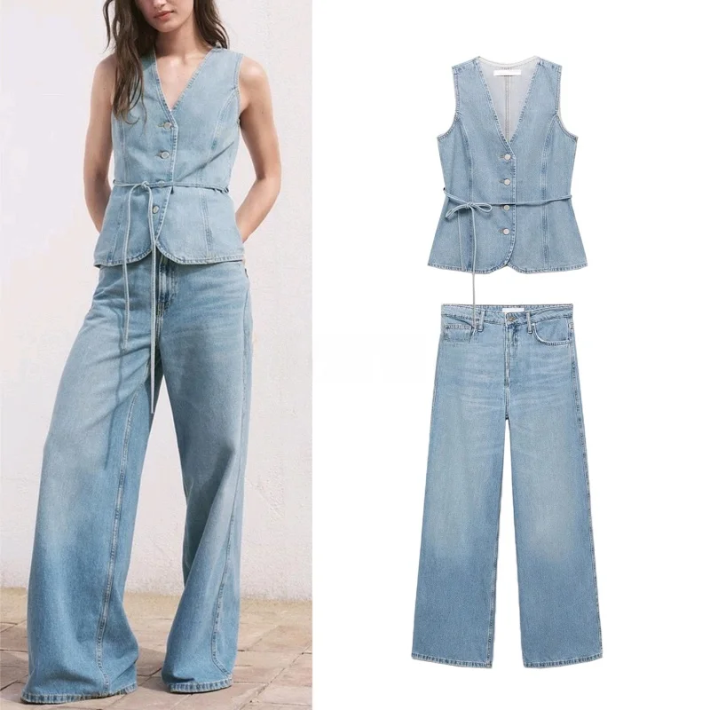 

Loose Wide Leg Long Jeans Vest High Waist Waist Cinching Denim Vest V Ne Svel Two Piece Set Summer Faion Women's Cl...