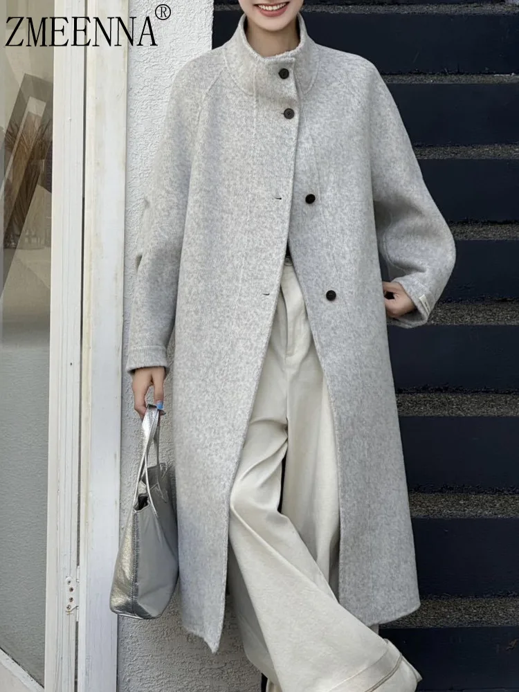 

ZMEENNA Womens Wool Blend Coat Stand Collar Single Breasted Loose Fit Style Patch Pockets Warm Winter Outerwear ZM4427