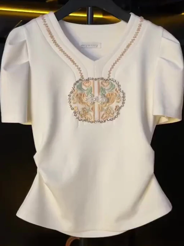 

New Chinese Sle Heavy Embroidery Design ort Sve T-irt Women's Summer High-End White V-Ne Waist-Cinched Top