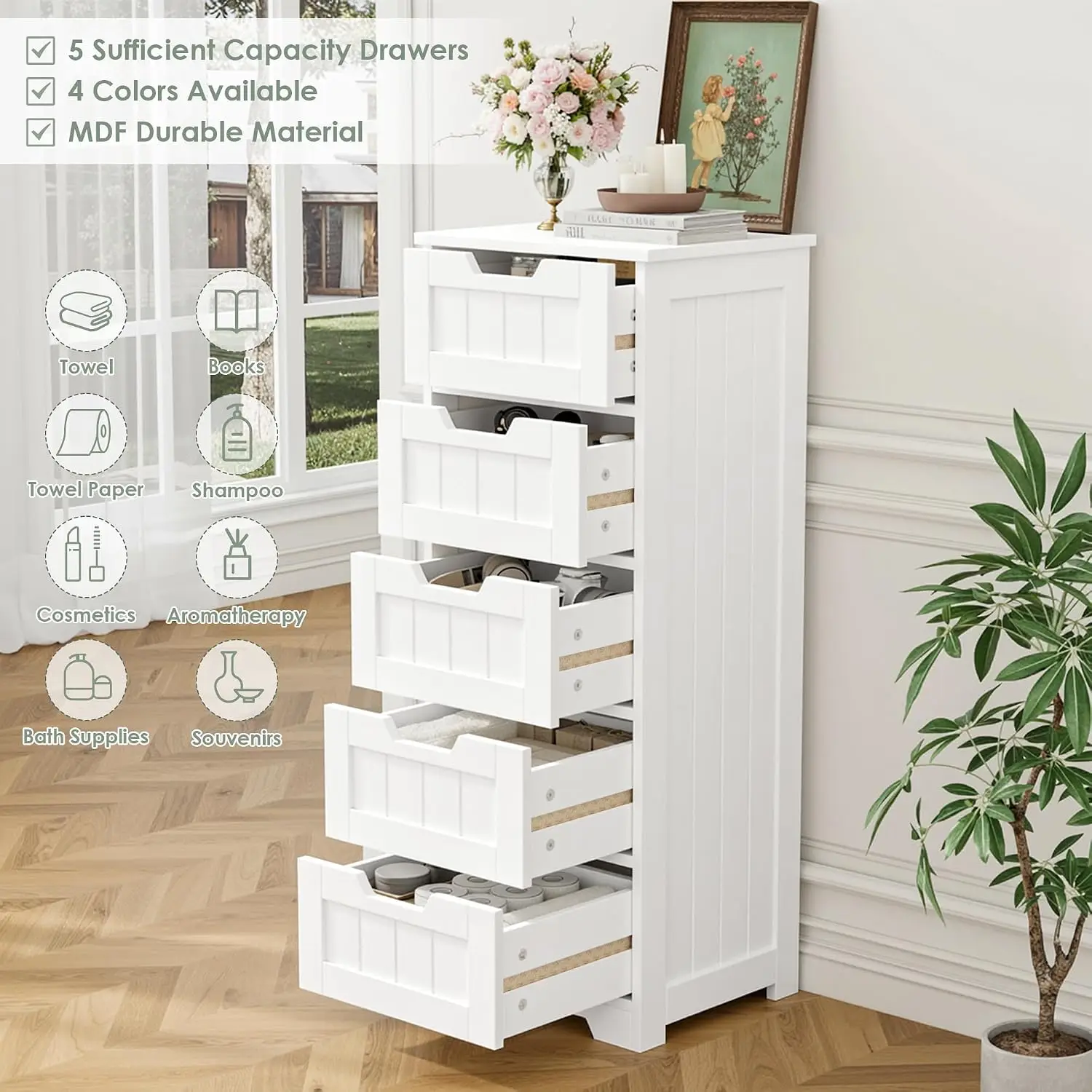 Freestanding Bathroom Storage Cabinet, Wooden Floor Organizer Unit With Five Drawers, Narrow Space Saving Furniture For Living Room Hallway, Modern White Home Organizer view 6