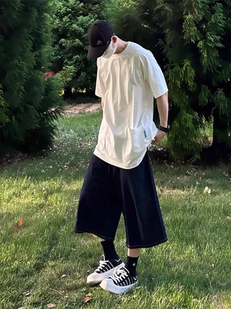 

Cleanfit Men's Denim Blue Seven-Foot Sports orts Straight Leg Wide Pants Summer Casual Loose Fit Zipper mid Waist Breathable