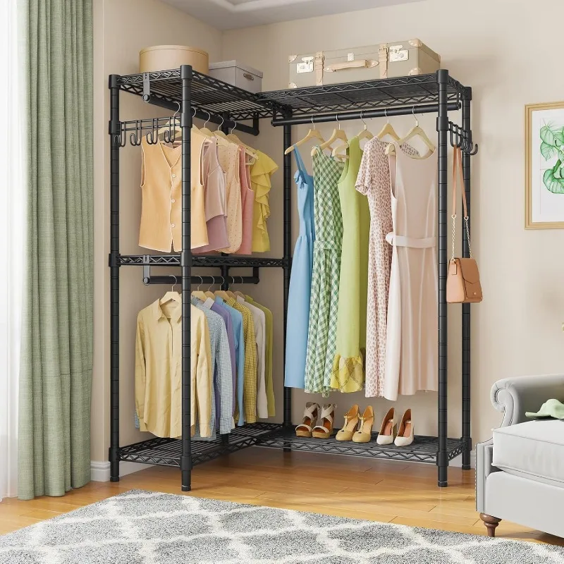 L4 Garment Rack L Shaped Clothes Rack for Corner,Wardrobe Closet Heavy Duty Clothing Rack with 3 Hanging Rods & 2 Side Hooks