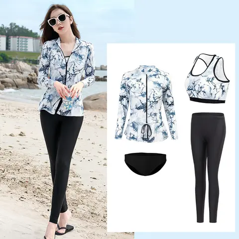 여성용 래쉬가드 세트, 전신 수영복, 긴팔 셔츠, 브래지어, 브리프, 레깅스, 목욕 세트, 비치웨어, 서핑 세트, 4 개