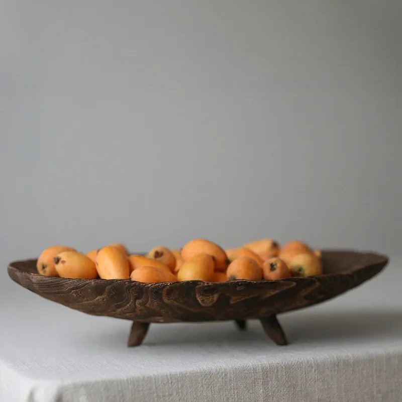 Solid wood large pot fruit decoration Chinese style large wooden plate tray decorative plate handmade old retro plate