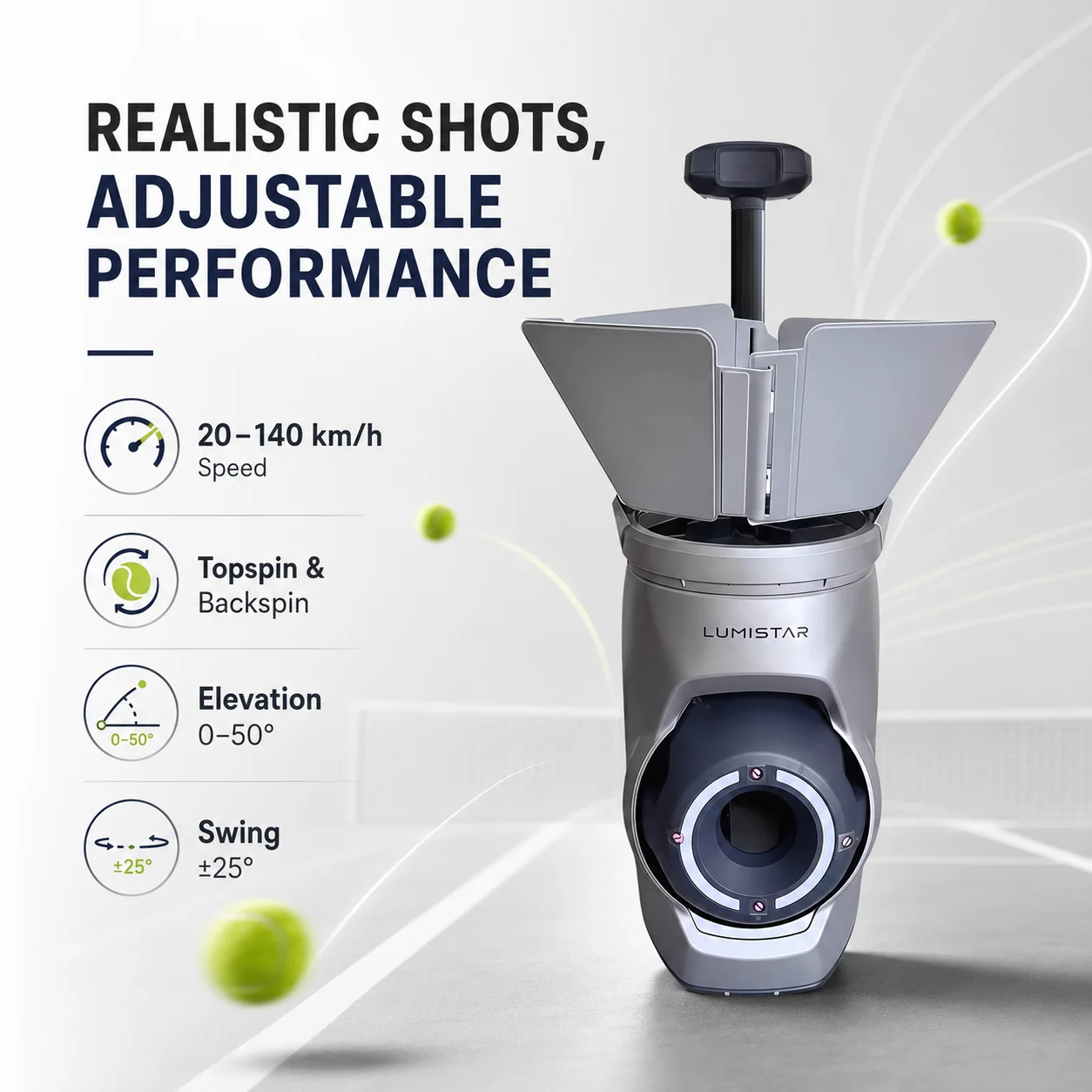 AI Tennis Ball Machine, 140km/h Speed, 238 Preset Drills, Voice APP Control, 4 Hour Battery, Solo Practice Rally Partner
