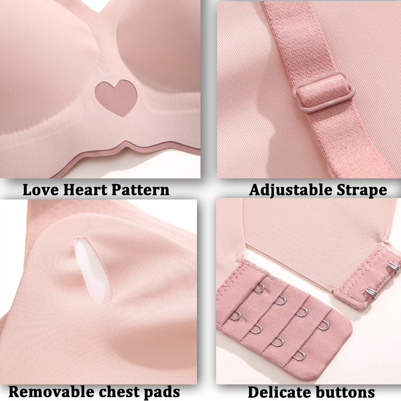 Sexy Push Up Bras For Women Love Heart Pattern Brassiere Deep V Neck Cute Underwear Female Seamless Wireless Soft Lingerie