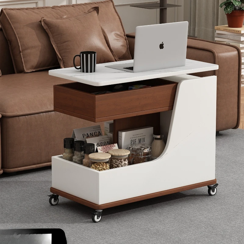 

movable coffee table, living room household trolley, solid wood rock slab small coffee table, cream wind liftable sofa side