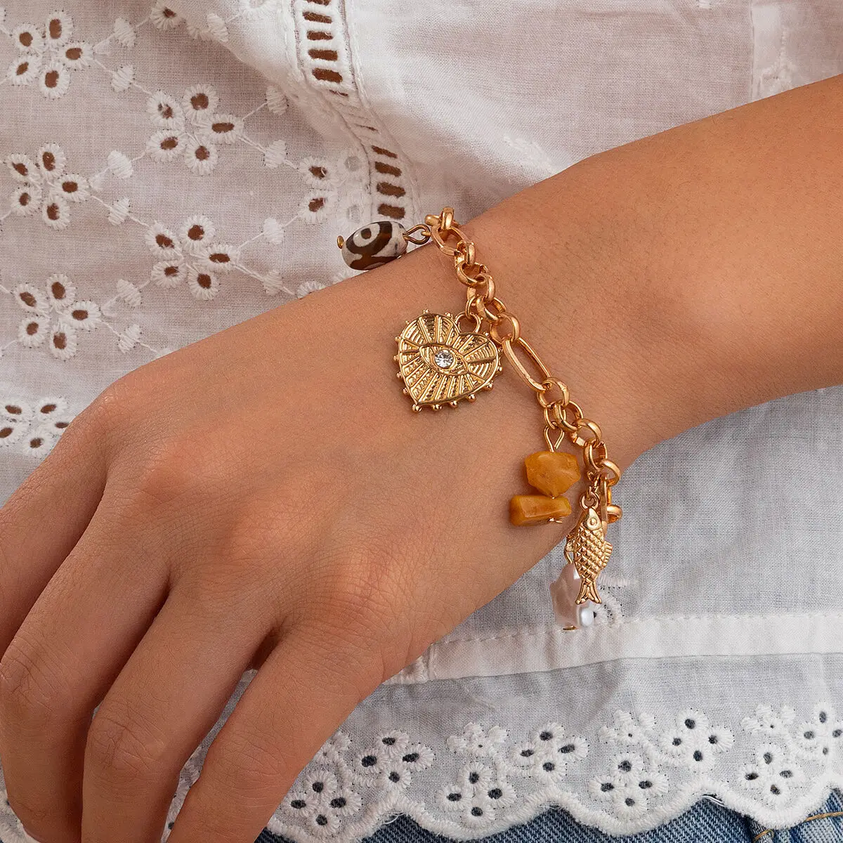 

KunJoe Creative Butterfly Heart Pendant Charm Bracelet for Women Hip Hop Gold Color Conch Chunky Chain Bangles Y2K Accessories