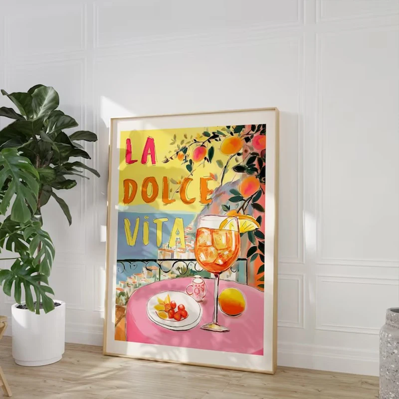 La Dolce Vita Lemon Posters and Prints Retro Spritz Canvas Painting Santorini Italy Travel Wall Art for Room House Decor Gift