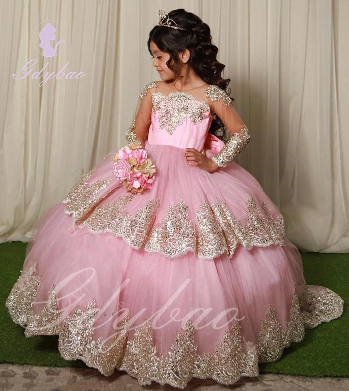 Vestido completo de flor vermelha com arco para meninas, vestidos de baile, aplique dourado, primeira comunhão, aniversário infantil, casamento