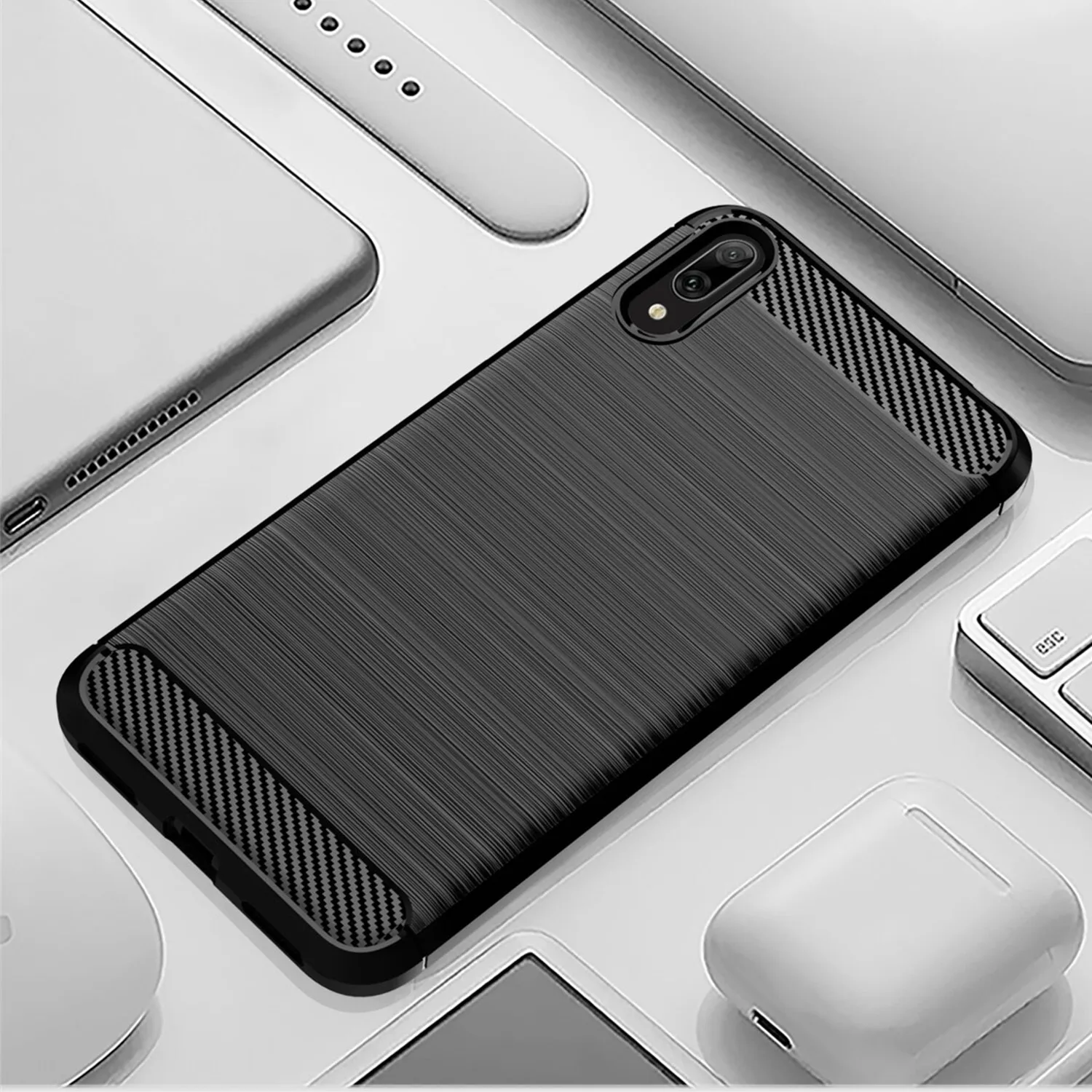 ألياف الكربون هواوي 2017 Y7prime غطاء هاتف سيليكون مقاوم للصدمات لهاتف Y7 Pro 2019 حافظة ناعمة Coque Fundas