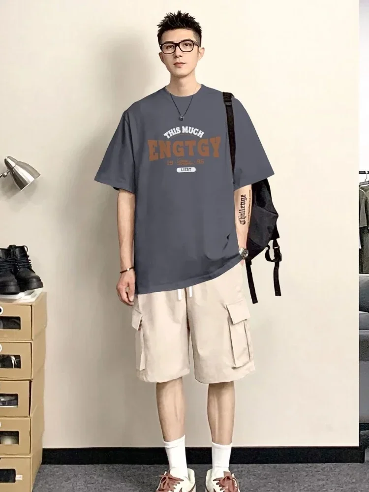 Conjunto de pantalones cortos con el alfabeto para hombre, traje deportivo gris, camiseta de moda de estilo coreano de dos piezas, conjuntos cortos, Tops y camisetas Kpop