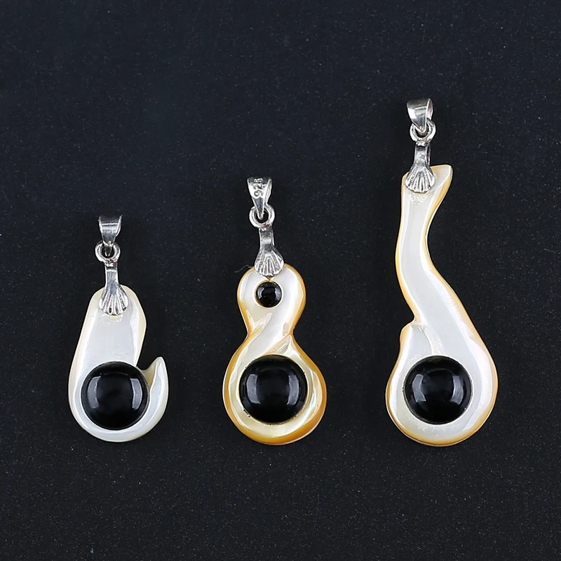 1Pcs Natural Gemstone Shell And Obsidian Pendant Bead,925 Sterling Silver Necklace Accessories,34x14x8mm,3.7g