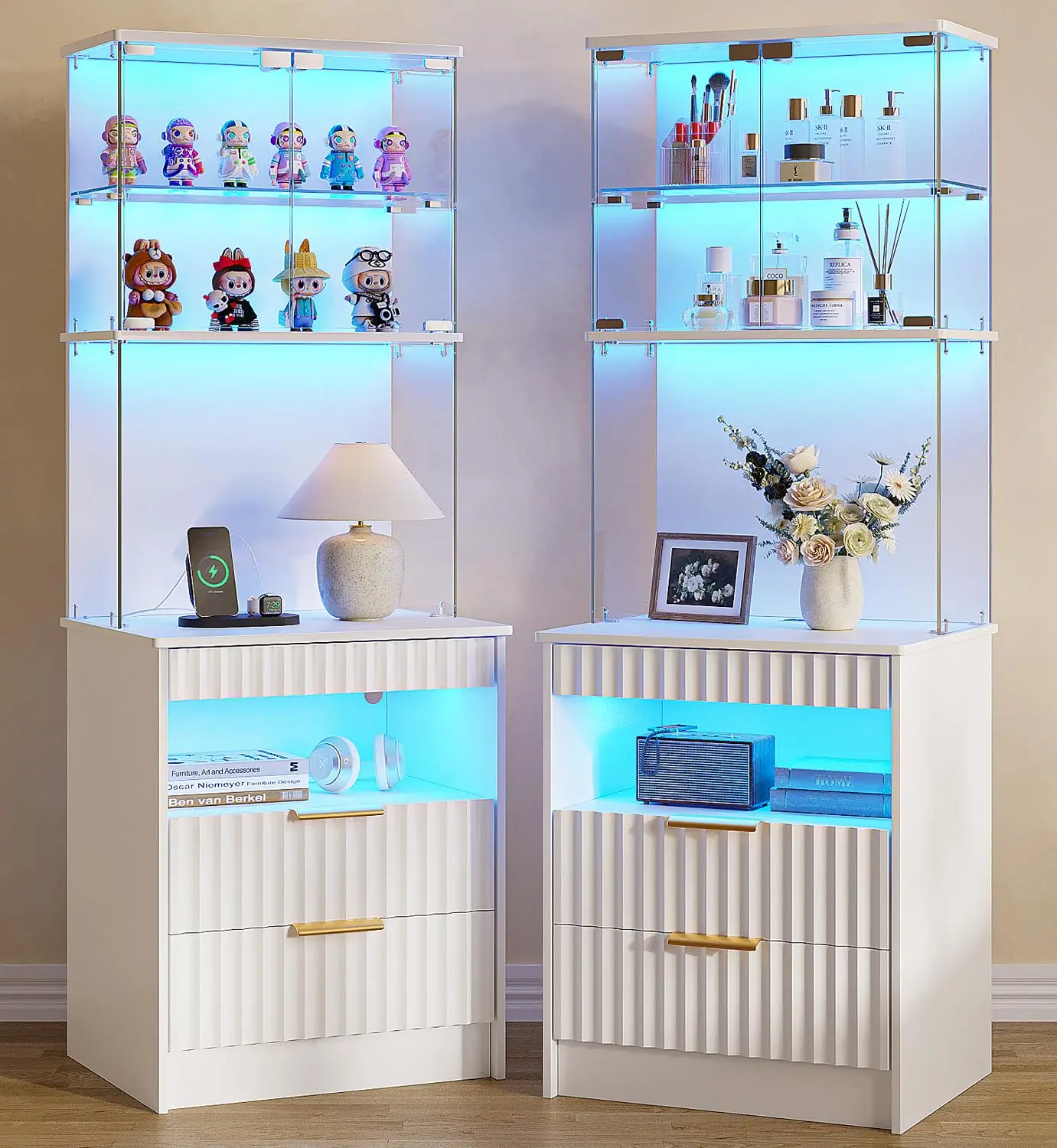Tall Nightstand Set 2 with Shelf, LED Glass Storage & Charging Station | Tempered Glass Display Case, Motion Sensor, Custom