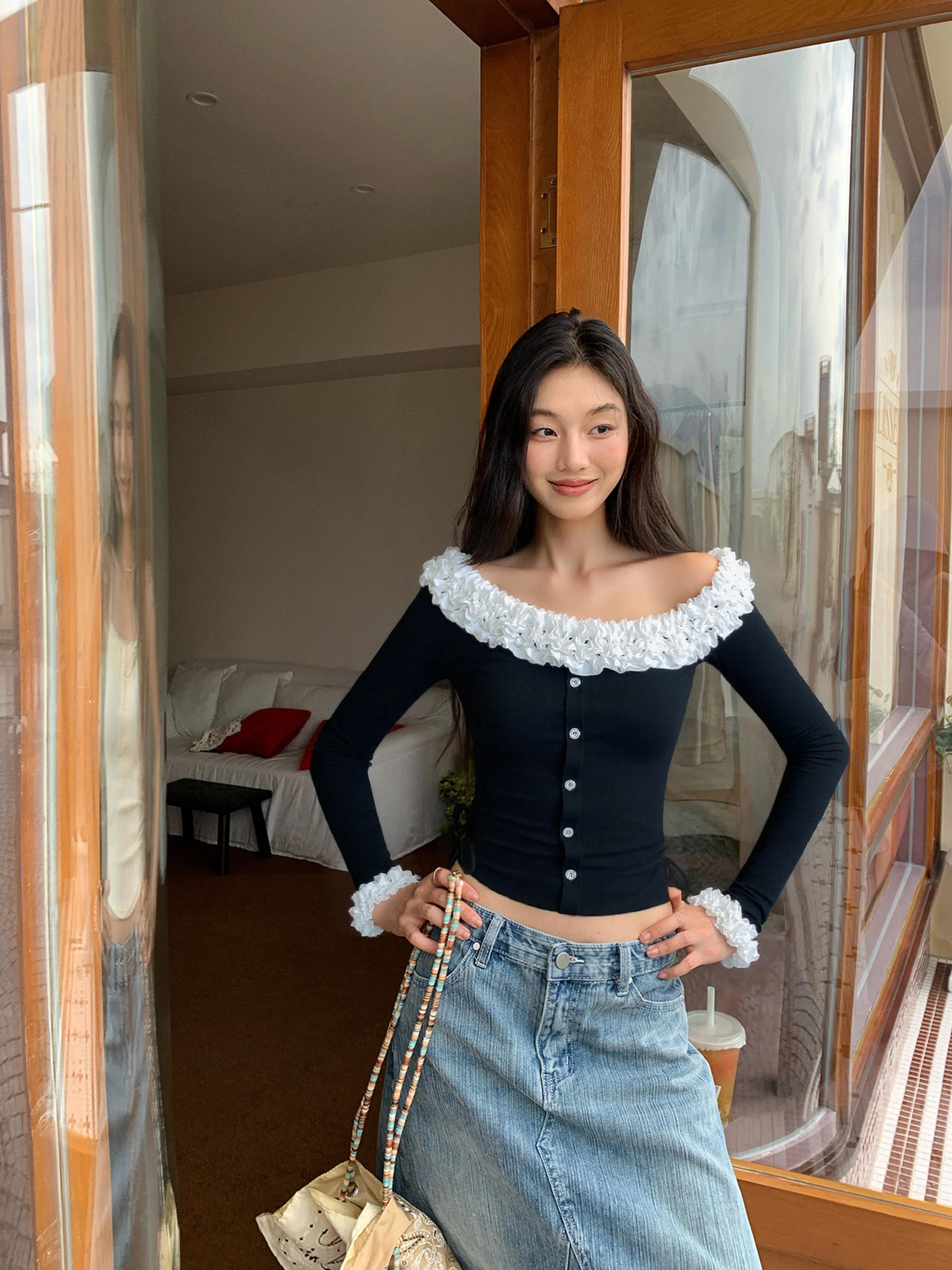 

Футболка Long Sve с кружевной отделкой в стиле ретро, женская осенняя дизайнерская облегающая футболка Crsu Casual Sle Universal Body ape Slimmi...