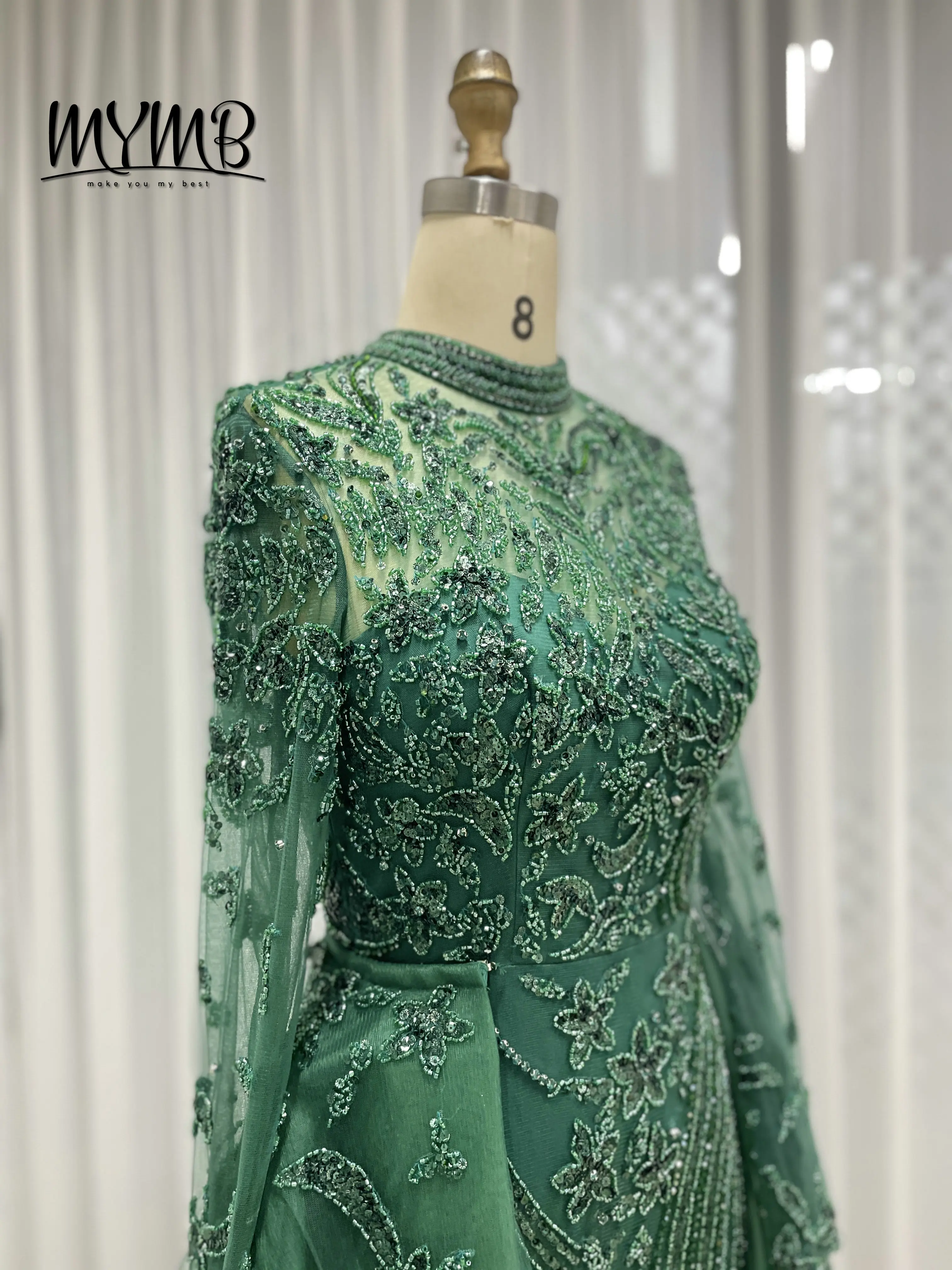 Elegancka suknia wieczorowa w stylu syreny w kolorze dubajskiej zieleni dla panny młodej, luksusowe suknie ślubne z haftem i koralikami, muzułmańskie długie suknie MY30035B