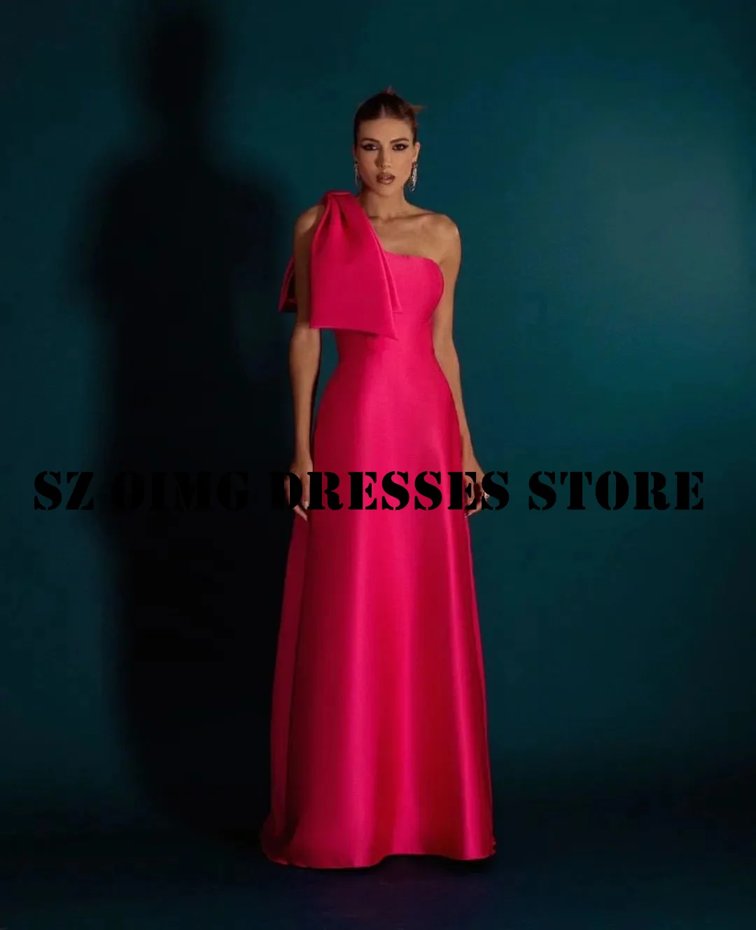 

OIMG New Design Fuchsia Satin Prom Dresses Arabic Women Ruched One Shoulder A-Line Evening Gowns Formal Party Dress