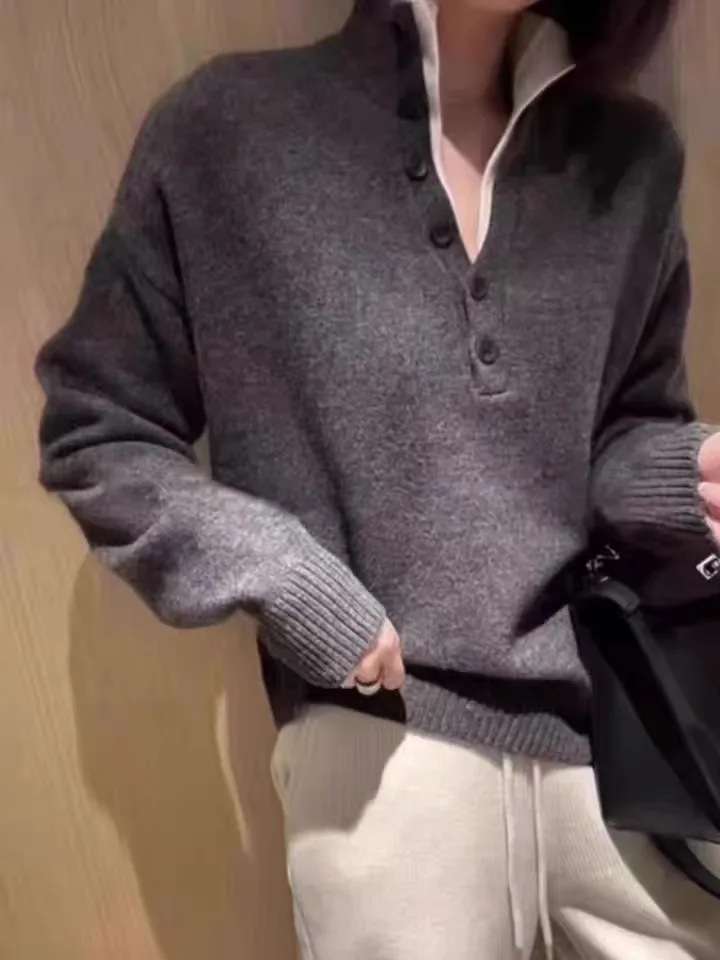 Half open collar fake two 100 pure cashmere sweater women\'s autumn and winter loose knit woolen pullover sweater