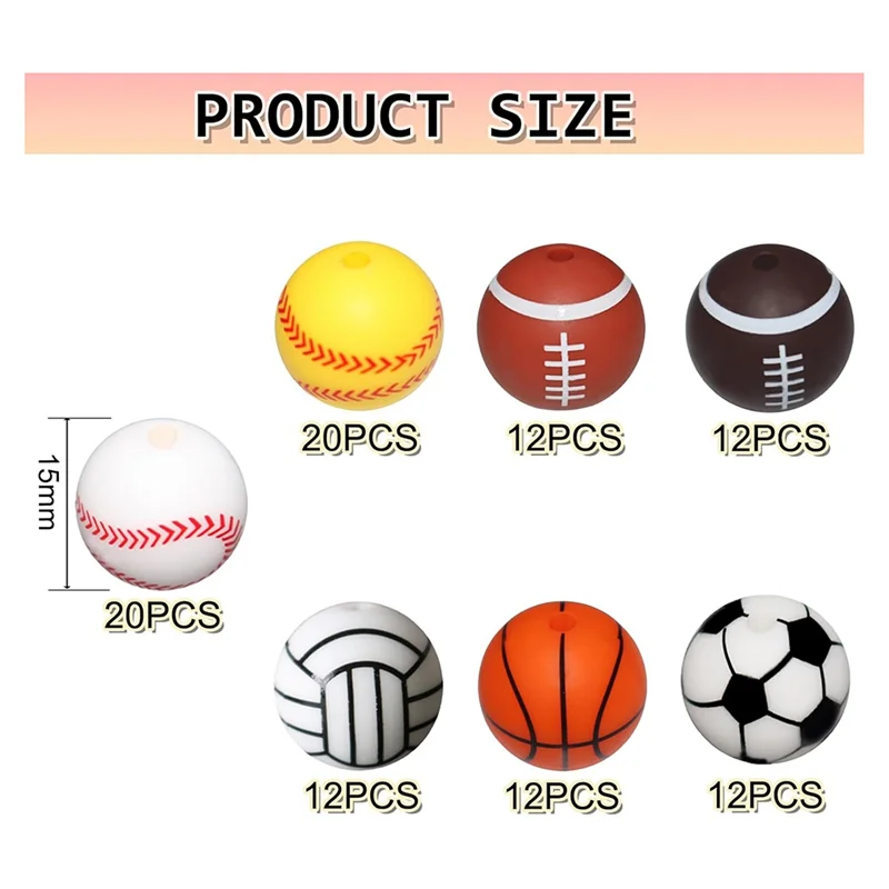 ABFS 100 peças de contas esportivas de silicone 15 mm para chaveiros, colares DIY - contas artesanais seguras e multifuncionais