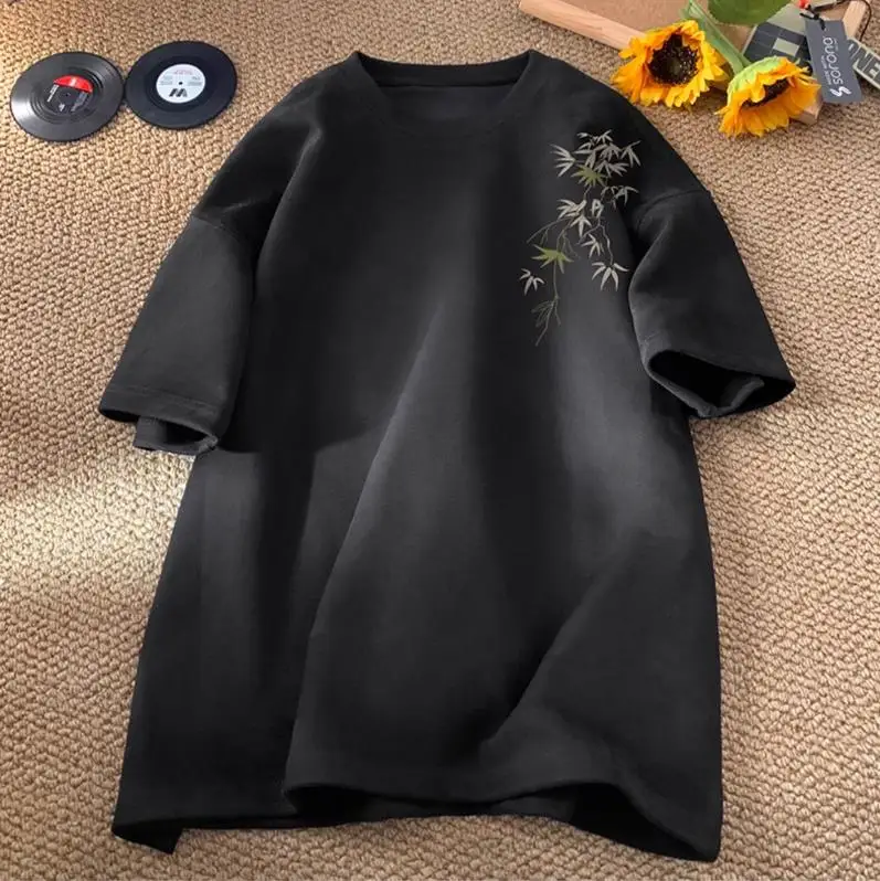 Europe and the United States women's winter new Short sleeve bamboo leaf printing fashion Casual T-shirt