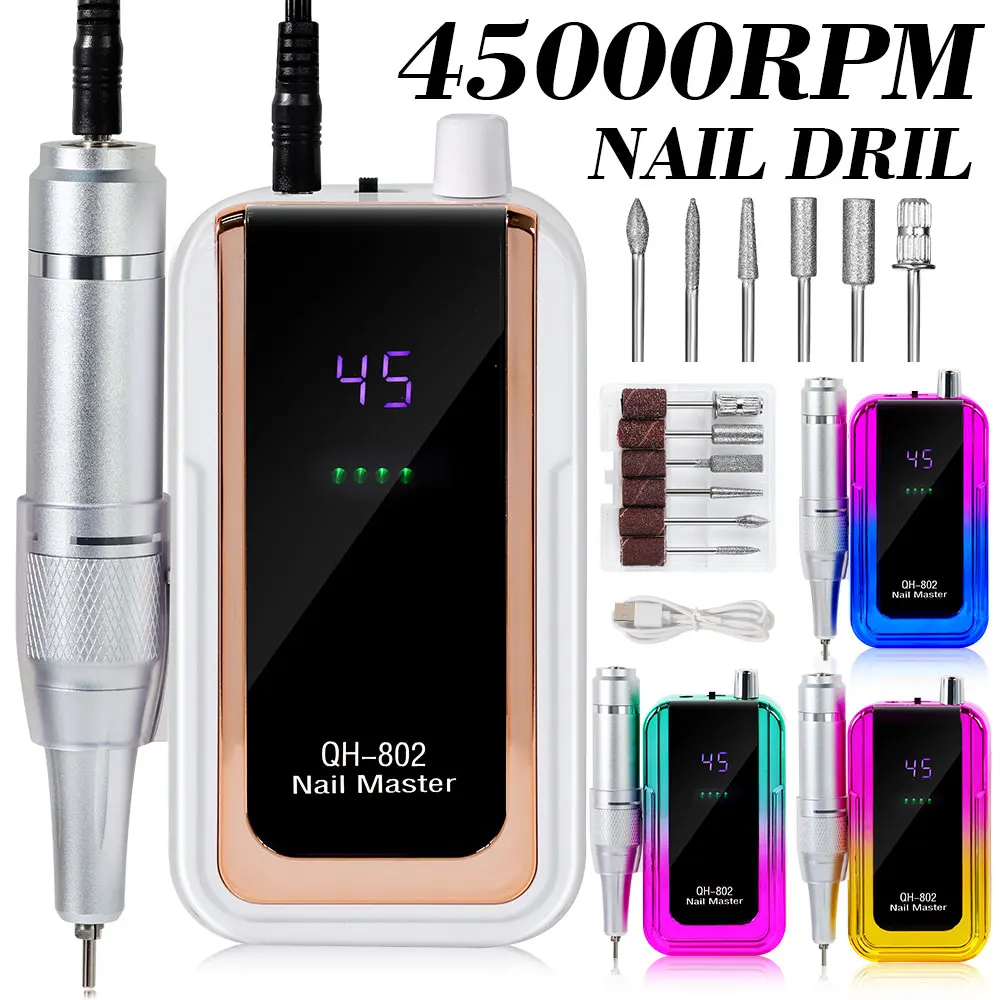 45000RPM Electric Nail Drill File Professional for Acrylic Gel Dip Powder Nails Portable Machine Kit for Manicure Pedicure Tools