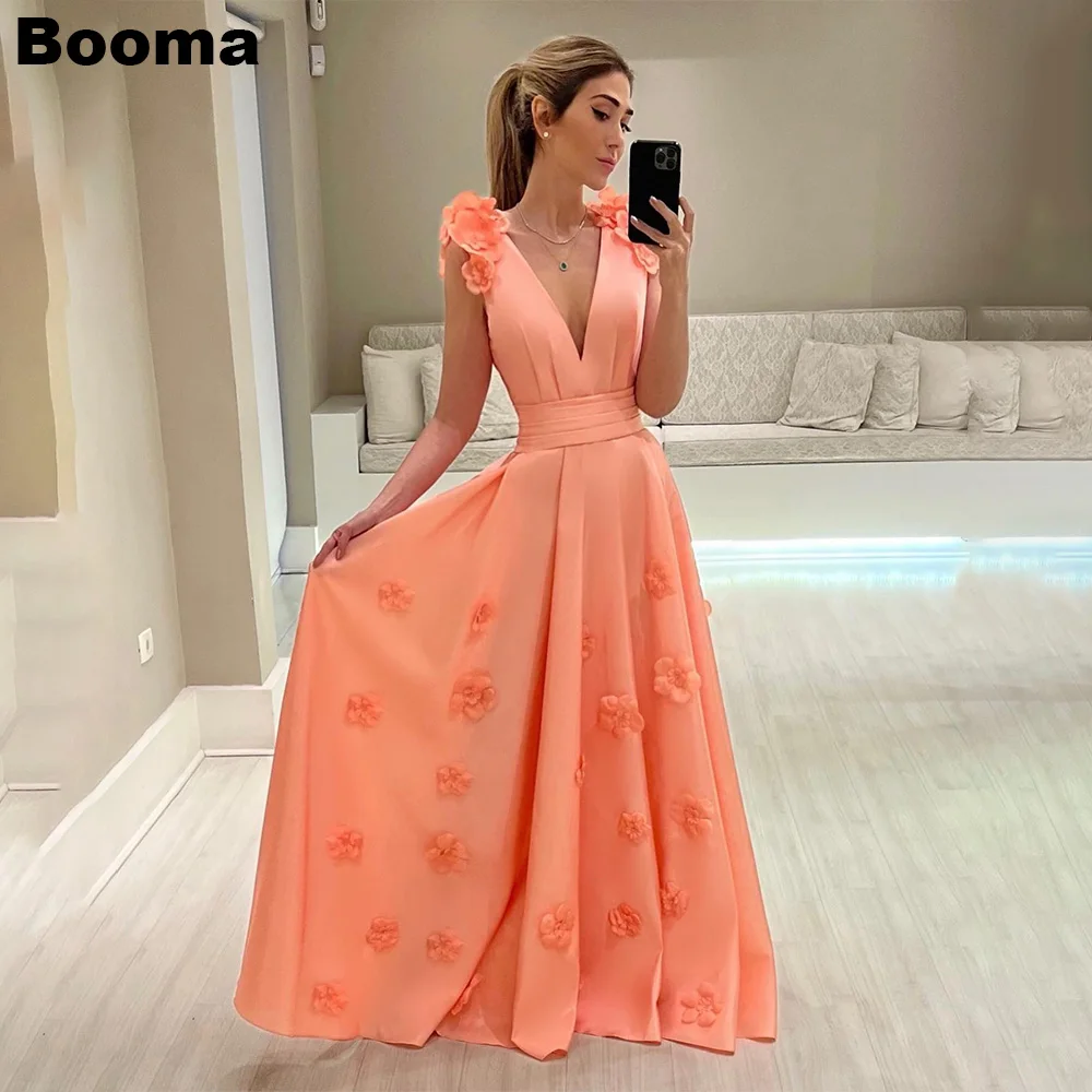 

Booma Light Orange Women's Formal Dresses Deep V Neck 3D Flowers A Line Evening Dresses Floor Length Party Prom Gowns Outfits