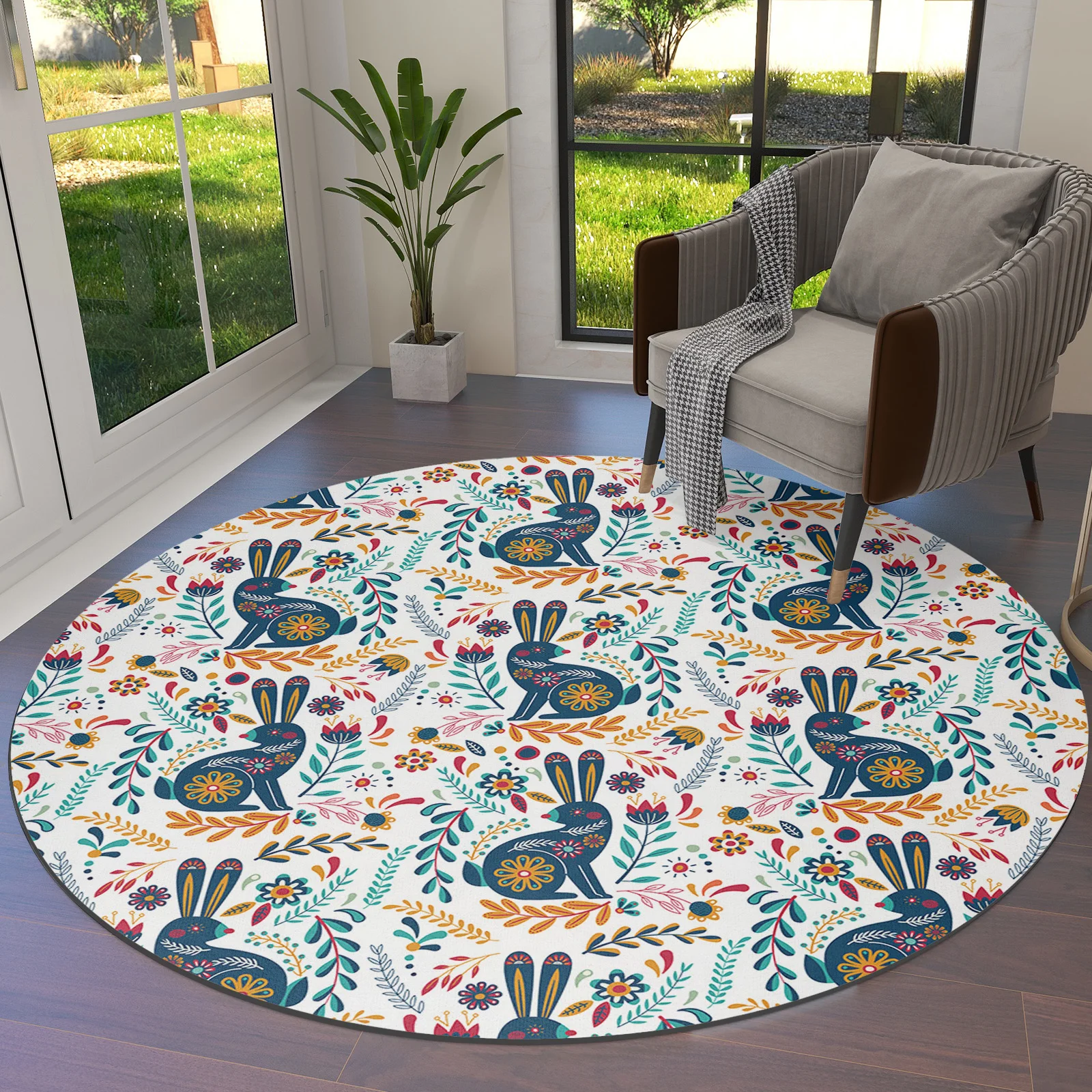 

Easter Rabbit Flower Mexico Festival Round Area Rug Carpets For Living Room Large Mat Home Bedroom Kid Room Decoration