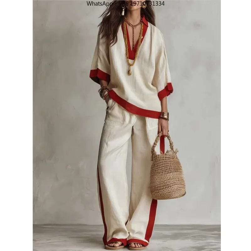 Women Boho Color Block Linen 2 Piece Set V Neck Loose Top Wide Leg Pants Summer Casual Outfit